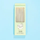 Crumbs & Doilies Silver Glitter Candles six sparkly silver birthday candles in pastel packaging.